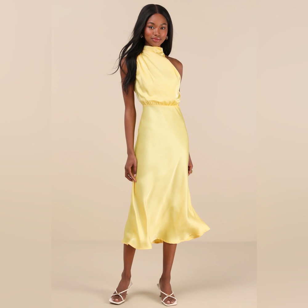 Lulus Distinctive Charm Yellow Satin Asymmetrical Midi Dress